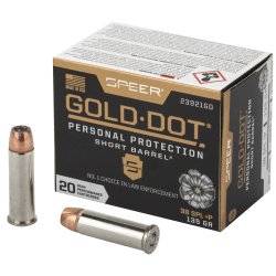 SPEER GOLD DOT 38 SPECIAL 135GR JACKETED HOLLOW POINT, DESIGNED FOR SHORT BARRELS, 20RD BOX