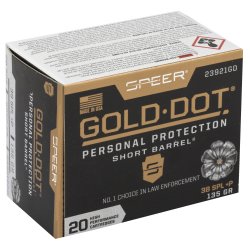 SPEER GOLD DOT 38 SPECIAL 135GR JACKETED HOLLOW POINT, DESIGNED FOR SHORT BARRELS, 20RD BOX