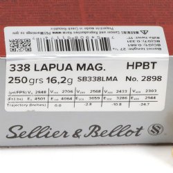 SELLIER & BELLOT MATCH .338 LAPUA 250GR BOAT TAIL HOLLOW POINT, 10RD/BOX