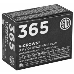 SIG P365 9MM 115GR ELITE V-CROWN JHP, DESIGNED FOR SHORT BARRELS, 20RD BOX