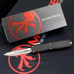 MICROTECH ULTRATECH GEN III ZERO BLADE PLAY OTF AUTOMATIC KNIFE, 3.5" M390 D/E DAGGER, FULL SERRATED, STONEWASH, 1122-12