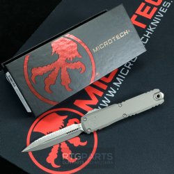 MICROTECH ULTRATECH GEN III ZERO BLADE PLAY OTF AUTOMATIC KNIFE, NATURAL CLEAR, 3.5" M390 D/E DAGGER, FULL SERRATED, APOCALYPTIC, 1122-12APNC