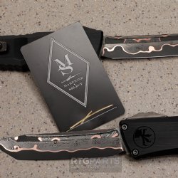 MICROTECH COMBAT TROODON MARFIONE SELECT T/E, BAKER FORGE COPPERMAI DAMASCUS, BLACK DLC HARD CUT HANDLE, 1144-16MS1