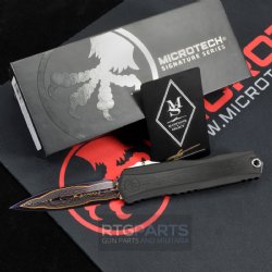 MICROTECH CYPHER II MARFIONE SELECT D/E BLUED BAKER FORGE COPPERMAI DAMASCUS, BLACK AIRCRAFT ALLOY W/ BLUE TITANIUM ACCENTS, 1242-16MS2