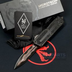 MICROTECH SCARAB II MARFIONE SELECT D/E BAKER FORGE COPPERMAI DAMASCUS, BLACK AIRCRAFT ALLOY W/ STINGRAY INLAY, 1280-16MS1