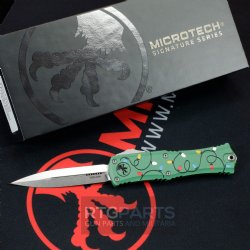 MICROTECH HERA II MINI D/E OTF, AUTOMATIC KNIFE, CHRISTMAS GREEN, 3 INCH, STONEWASH, 1702M-10GRCMAS