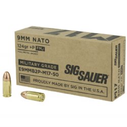 SIG 9MM +P 124GR ELITE BALL M17 FMJ, 50RD BOX