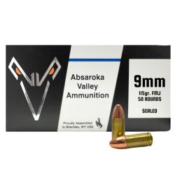 9MM 115GR FMJ, 50RD BOX, ABSAROKA VALLEY, MADE IN SHERIDAN, WY