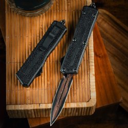 MICROTECH SCARAB II MARFIONE SELECT D/E BAKER FORGE COPPERMAI DAMASCUS, BLACK AIRCRAFT ALLOY W/ STINGRAY INLAY, 1280-16MS1