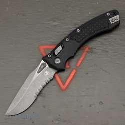 MICROTECH AMPHIBIAN, S/E, RAM-LOK, BLACK, FRAG G10, 3.9 INCH, APOCALYPTIC, SERRATED, 137RL-11APFRGTBK