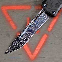 MICROTECH HERA II MINI SIGNATURE SERIES, S/E RECURVE OTF, BLUE SPIROGRAPH DAMASCUS, CLAW BURST DEEP ENGRAVED, 3 INCH, 1705M-16MS1