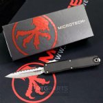 MICROTECH ULTRATECH GEN III ZERO BLADE PLAY OTF AUTOMATIC KNIFE, 3.5" M390 D/E DAGGER, FULL SERRATED, STONEWASH, 1122-12