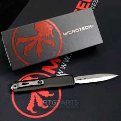 MICROTECH ULTRATECH GEN III ZERO BLADE PLAY OTF AUTOMATIC KNIFE, 3.5" M390 D/E DAGGER, FULL SERRATED, STONEWASH, 1122-12