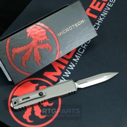 MICROTECH ULTRATECH GEN III ZERO BLADE PLAY OTF AUTOMATIC KNIFE, NATURAL CLEAR, 3.5" M390 D/E DAGGER, FULL SERRATED, APOCALYPTIC, 1122-12APNC