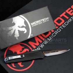 MICROTECH CYPHER II MARFIONE SELECT D/E BLUED BAKER FORGE COPPERMAI DAMASCUS, BLACK AIRCRAFT ALLOY W/ BLUE TITANIUM ACCENTS, 1242-16MS2