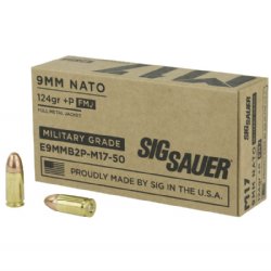 SIG 9mm +P 124gr Ball M17 FMJ, 50rd Box, 798681600144, AMMO-SIG-E9MMB2P ...